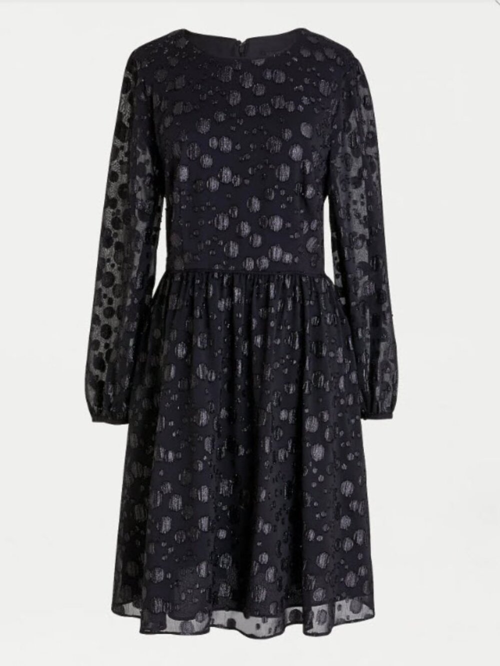 J. Crew A-line Dress Metallic Dot Jacquard Black Long-Sleeve Party Holiday 4